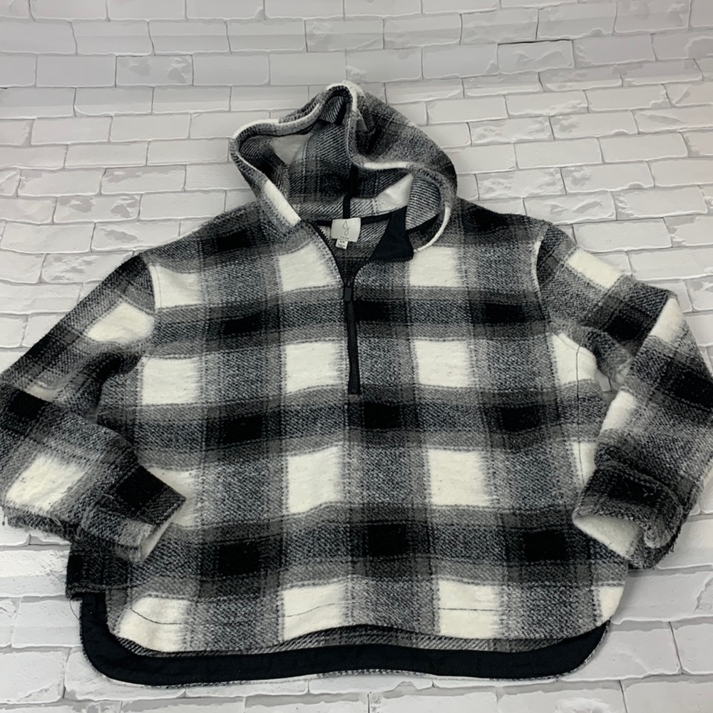 Joie Black White Buffalo plaid Hooded Half Zip up pullover sweatshirt Small